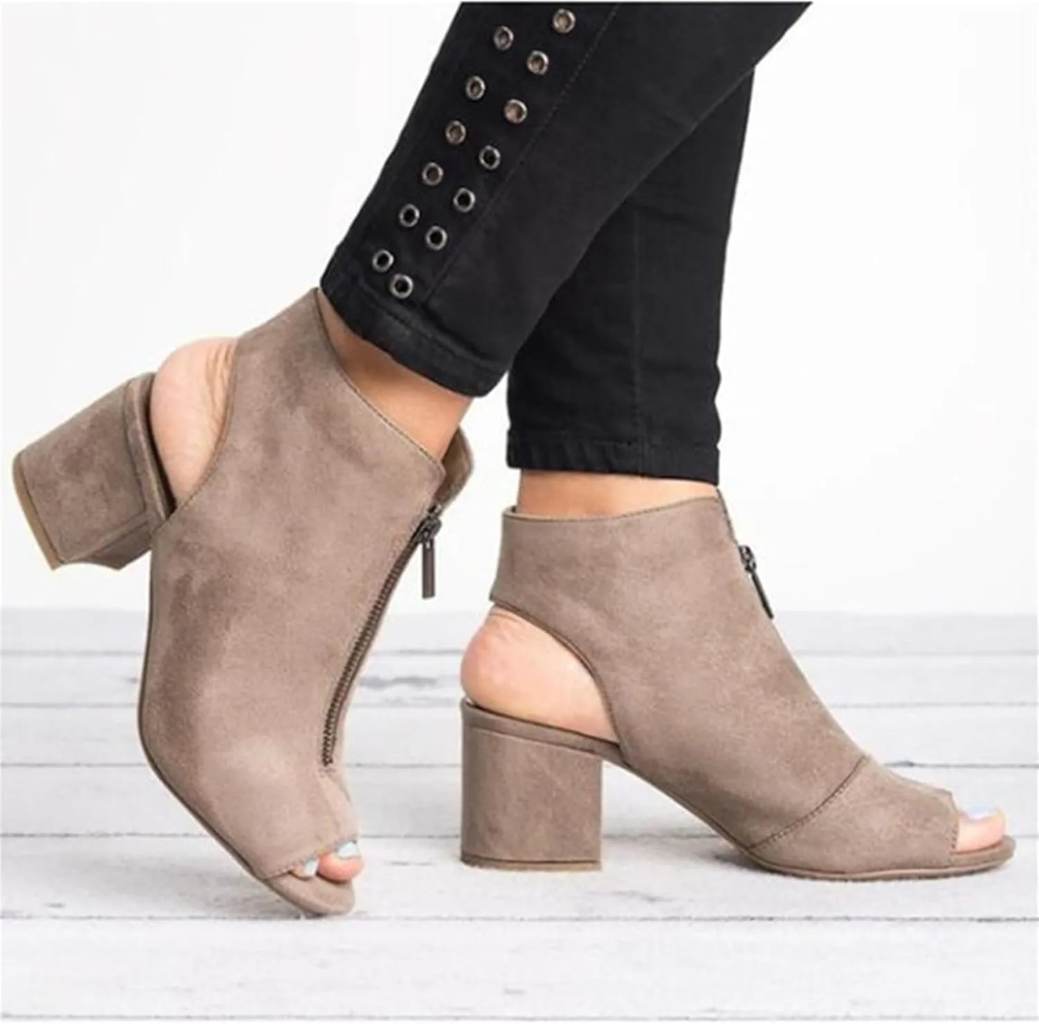 ZHOUYF High Heel Sandals for Women Summer Faux suede Zipper Chunky Heel Sandals Fish Mouth Backless Peep Toe Dressy Booties