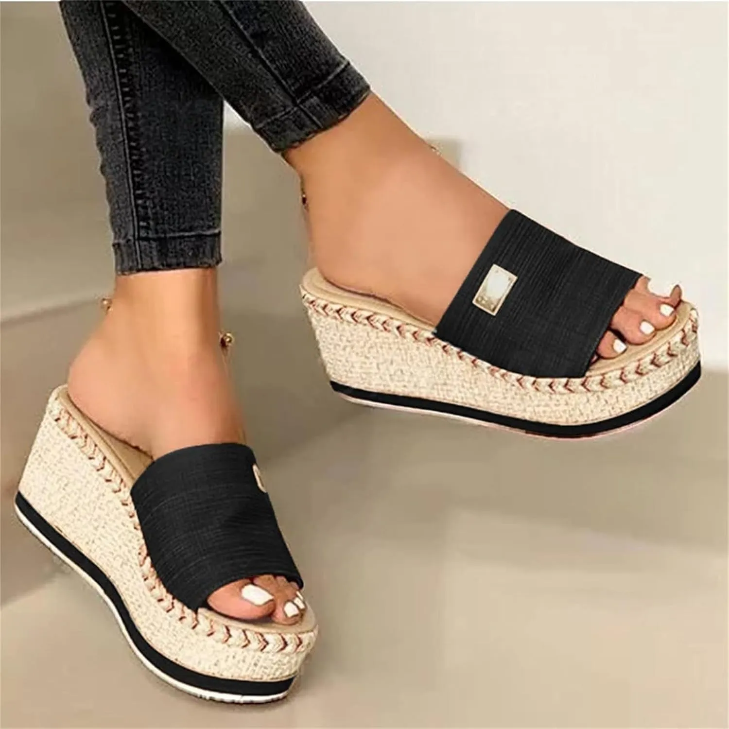 ZHOUYF Wedge Sandals for Women Espadrilles Platform Sandals Open Toe Beach Slide Sandals Thick Slippers Summer Slip on Shoes