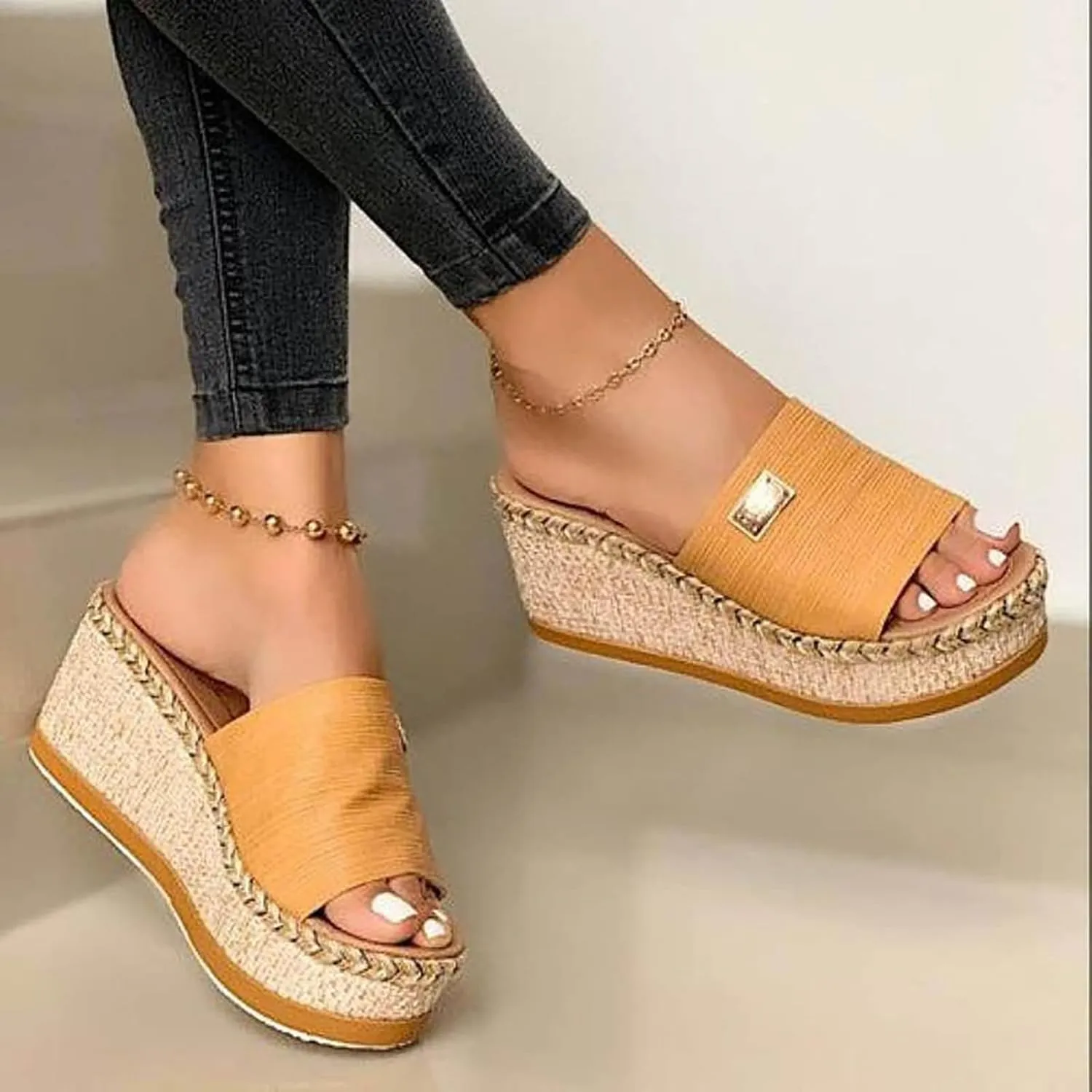 ZHOUYF Wedge Sandals for Women Espadrilles Platform Sandals Open Toe Beach Slide Sandals Thick Slippers Summer Slip on Shoes