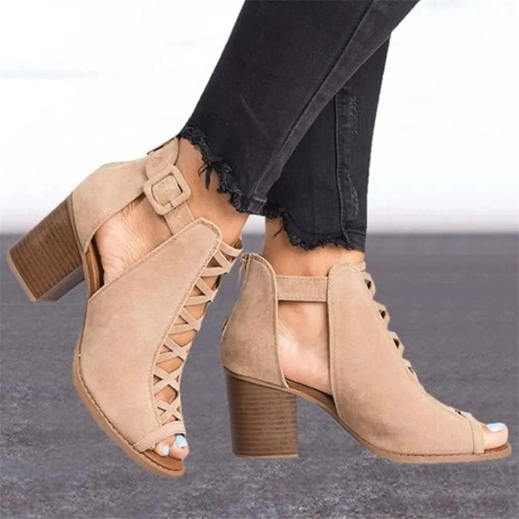ZHOUYF Womens Open Toe High Heel Sandals Fashion Buckle Strap Chunky Heel Cutout Sandals Faux Suede Ankle Strap Heeled Sandals Women