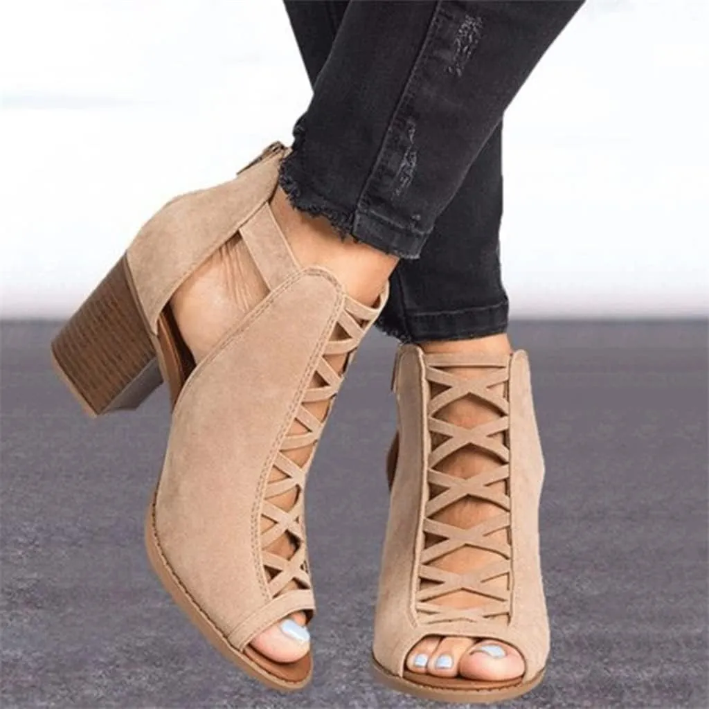 ZHOUYF Womens Open Toe High Heel Sandals Fashion Buckle Strap Chunky Heel Cutout Sandals Faux Suede Ankle Strap Heeled Sandals Women