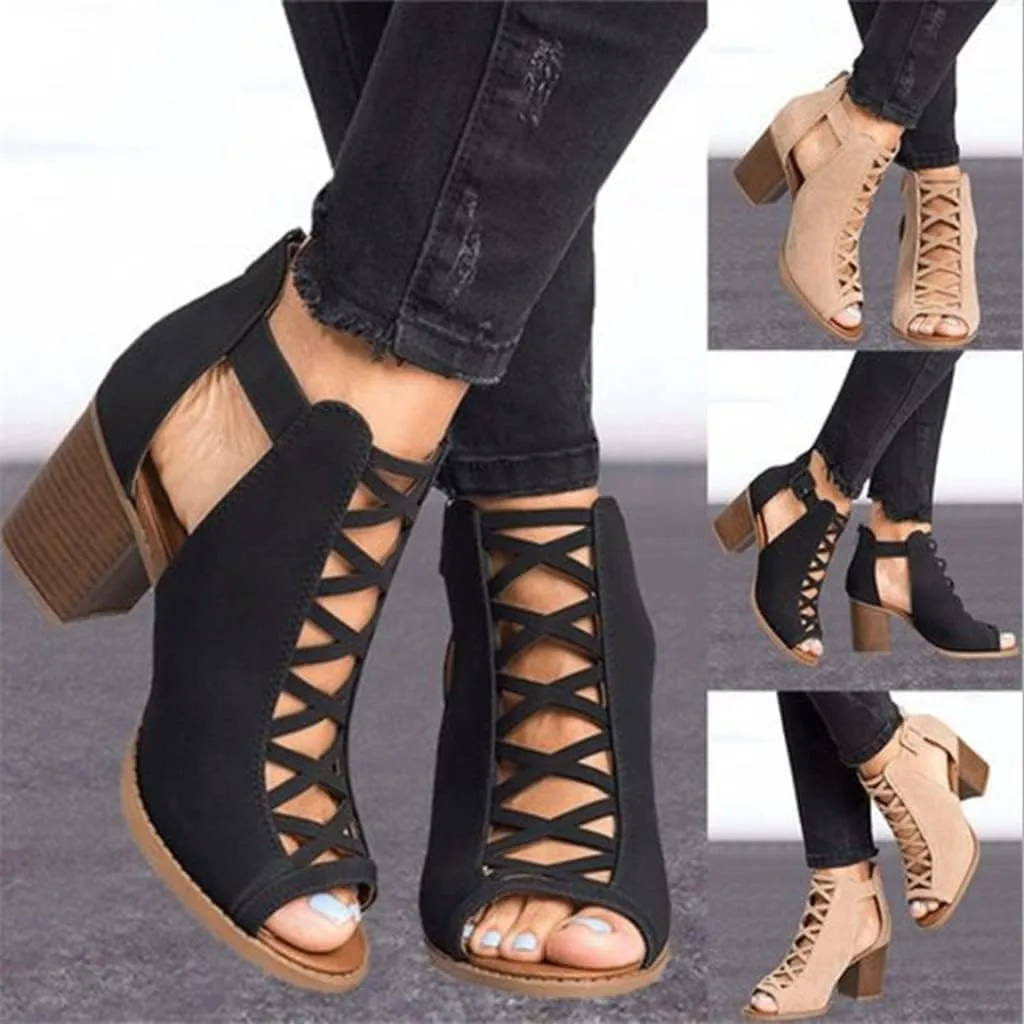 ZHOUYF Womens Open Toe High Heel Sandals Fashion Buckle Strap Chunky Heel Cutout Sandals Faux Suede Ankle Strap Heeled Sandals Women