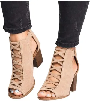 ZHOUYF Womens Open Toe High Heel Sandals Fashion Buckle Strap Chunky Heel Cutout Sandals Faux Suede Ankle Strap Heeled Sandals Women