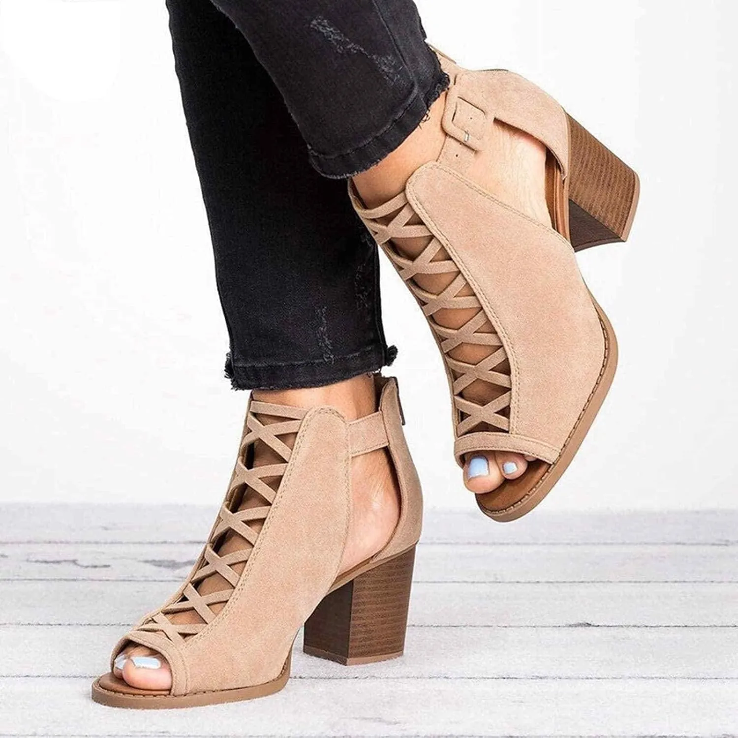 ZHOUYF Womens Open Toe High Heel Sandals Fashion Buckle Strap Chunky Heel Cutout Sandals Faux Suede Ankle Strap Heeled Sandals Women