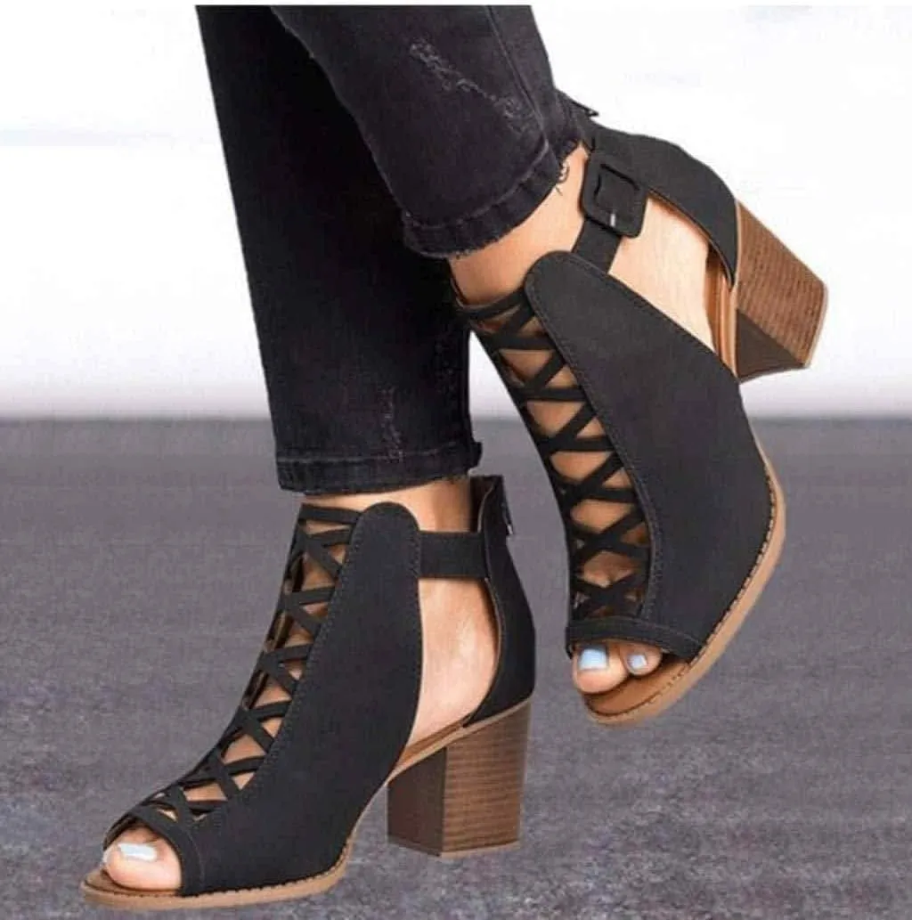 ZHOUYF Womens Open Toe High Heel Sandals Fashion Buckle Strap Chunky Heel Cutout Sandals Faux Suede Ankle Strap Heeled Sandals Women