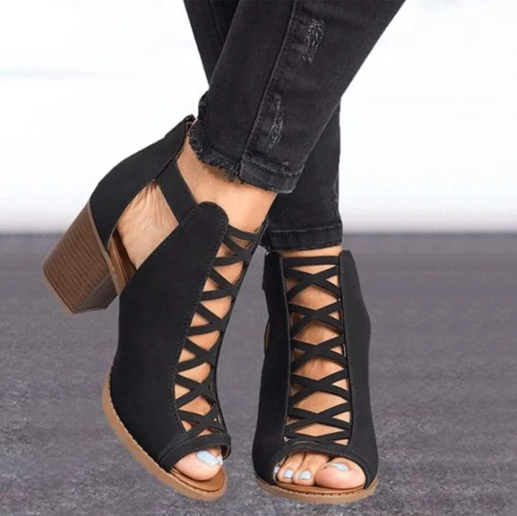 ZHOUYF Womens Open Toe High Heel Sandals Fashion Buckle Strap Chunky Heel Cutout Sandals Faux Suede Ankle Strap Heeled Sandals Women