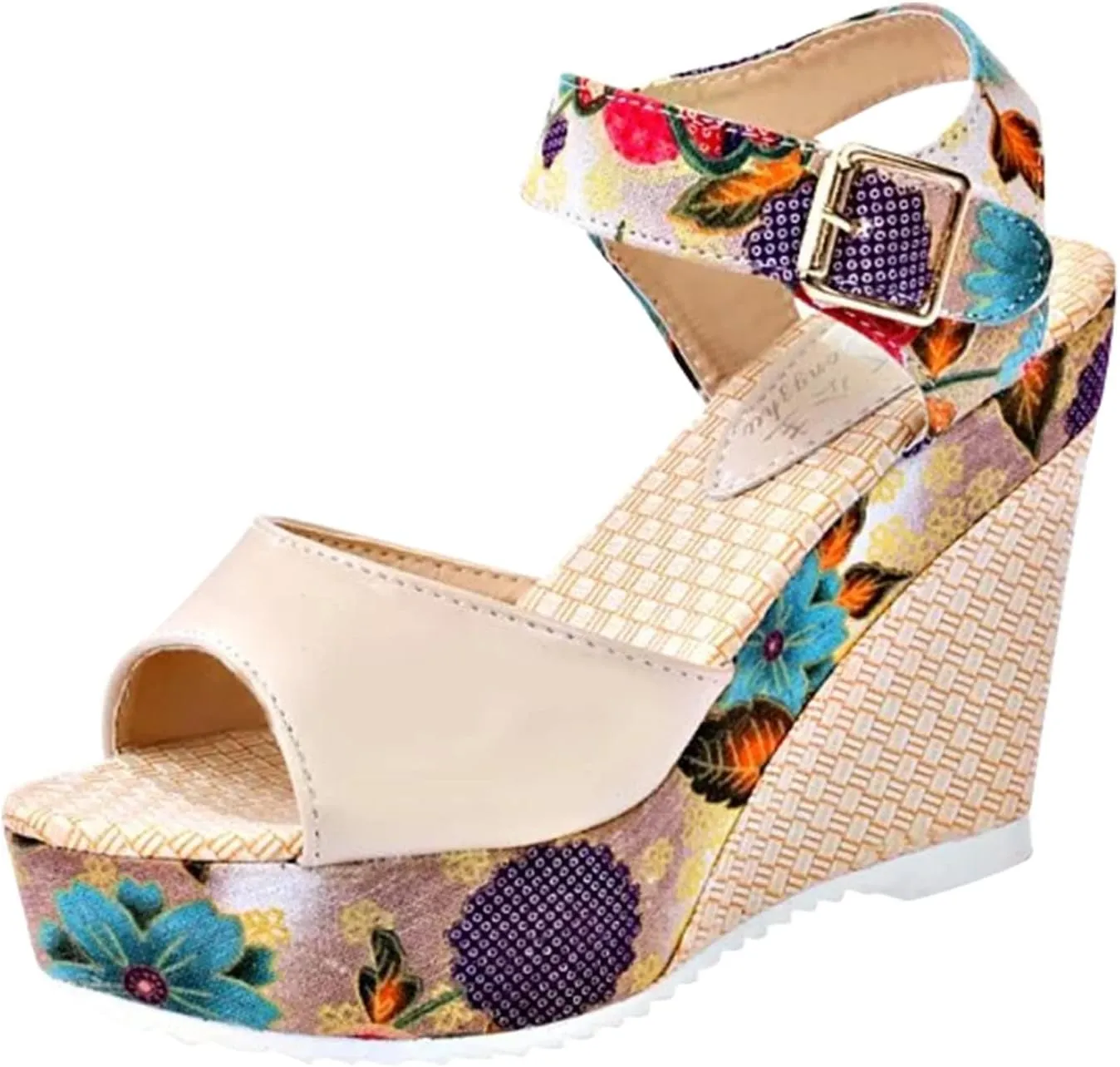 ZHOUYF Womens Platform Wedge Sandals Summer Floral Ankle Strap High Heel Sandals Open Toe Fish Mouth Buckle Dressy Sandals