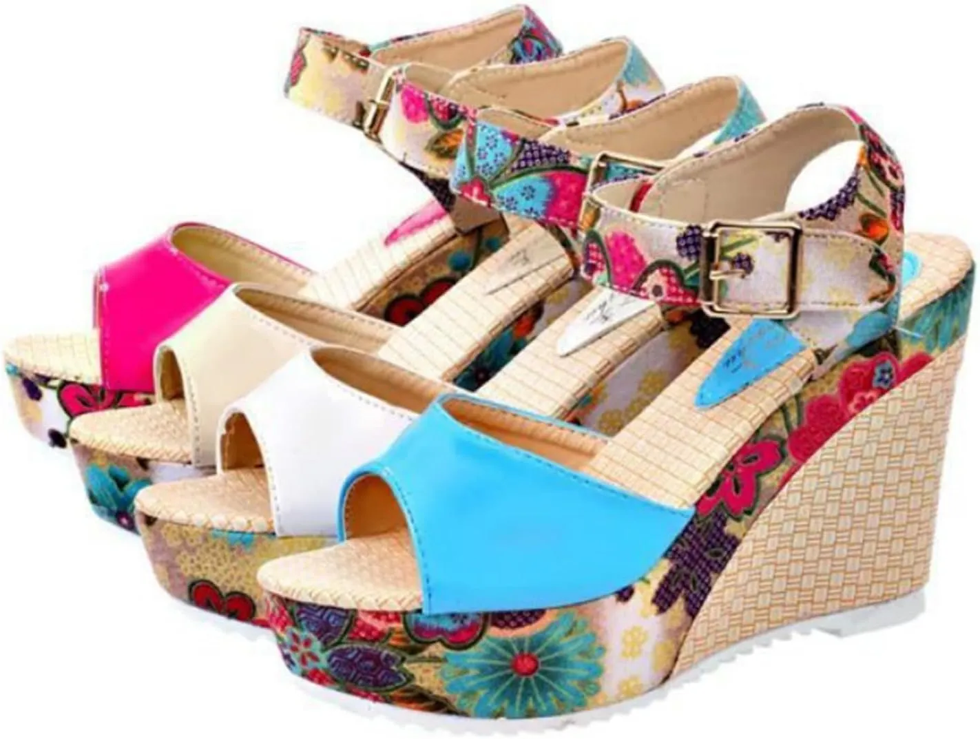 ZHOUYF Womens Platform Wedge Sandals Summer Floral Ankle Strap High Heel Sandals Open Toe Fish Mouth Buckle Dressy Sandals