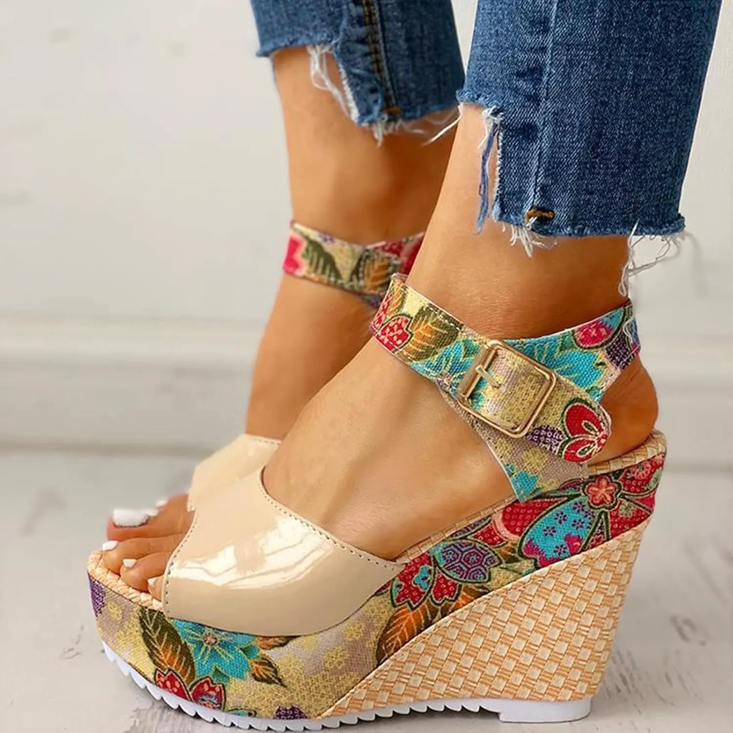 ZHOUYF Womens Platform Wedge Sandals Summer Floral Ankle Strap High Heel Sandals Open Toe Fish Mouth Buckle Dressy Sandals