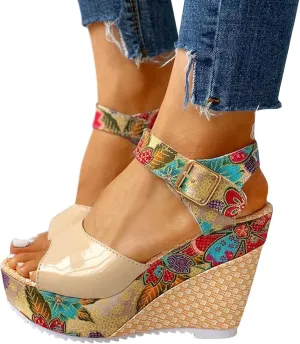 ZHOUYF Womens Platform Wedge Sandals Summer Floral Ankle Strap High Heel Sandals Open Toe Fish Mouth Buckle Dressy Sandals