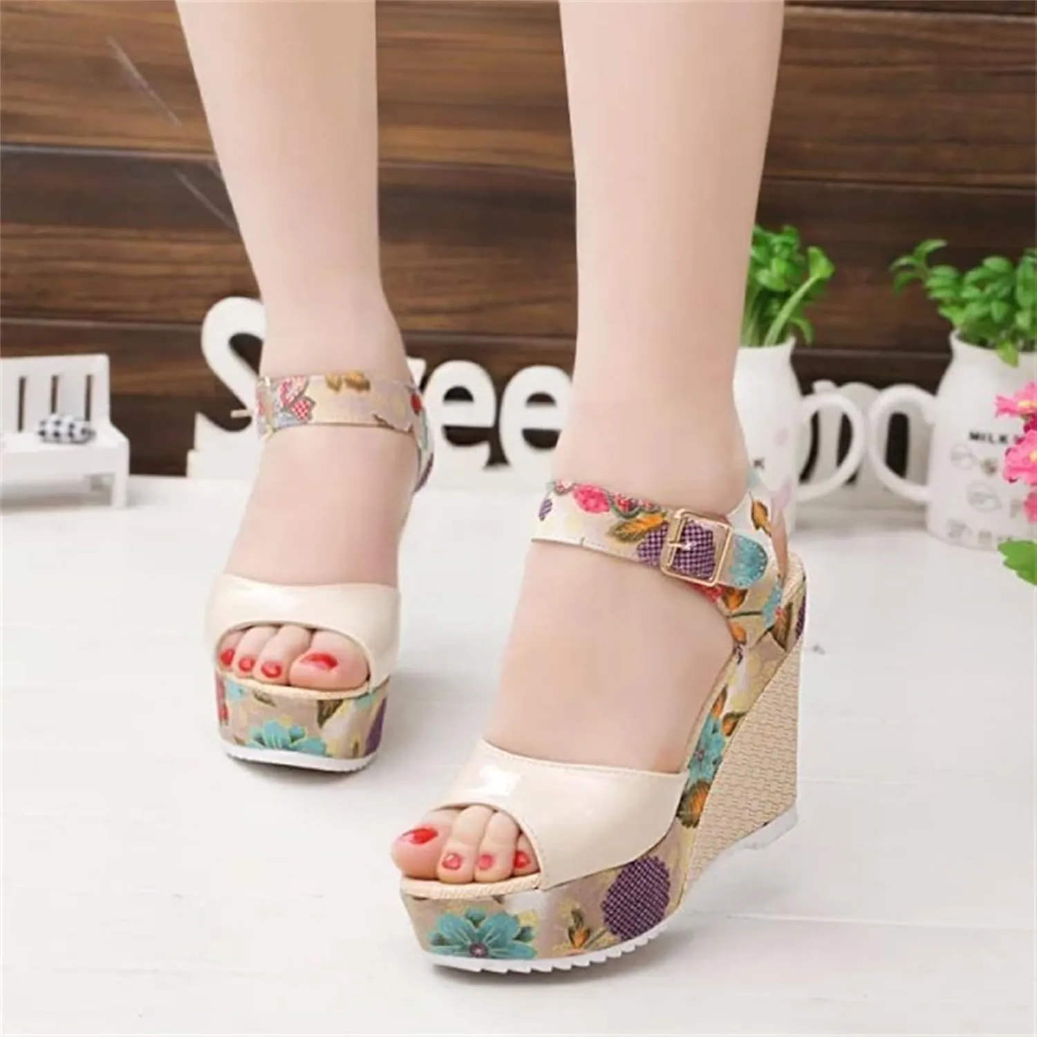 ZHOUYF Womens Platform Wedge Sandals Summer Floral Ankle Strap High Heel Sandals Open Toe Fish Mouth Buckle Dressy Sandals