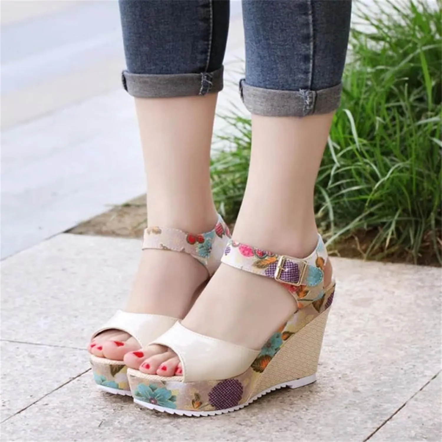 ZHOUYF Womens Platform Wedge Sandals Summer Floral Ankle Strap High Heel Sandals Open Toe Fish Mouth Buckle Dressy Sandals