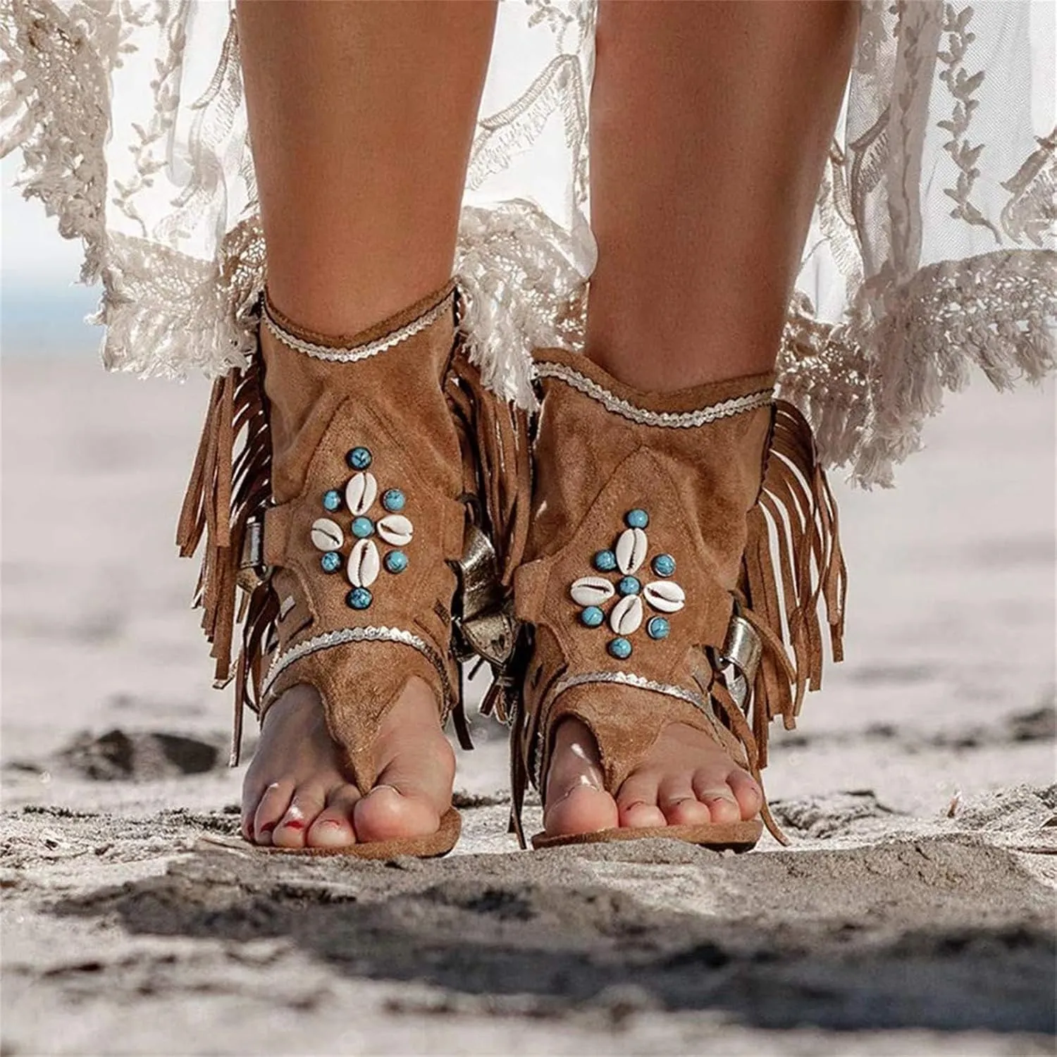 ZHOUYF Womens Summer Tassel Sandals Clip Toe Flip Flops Flat Boho Sandals Casual Open Toe Bohemian Beach Gladiator Sandals