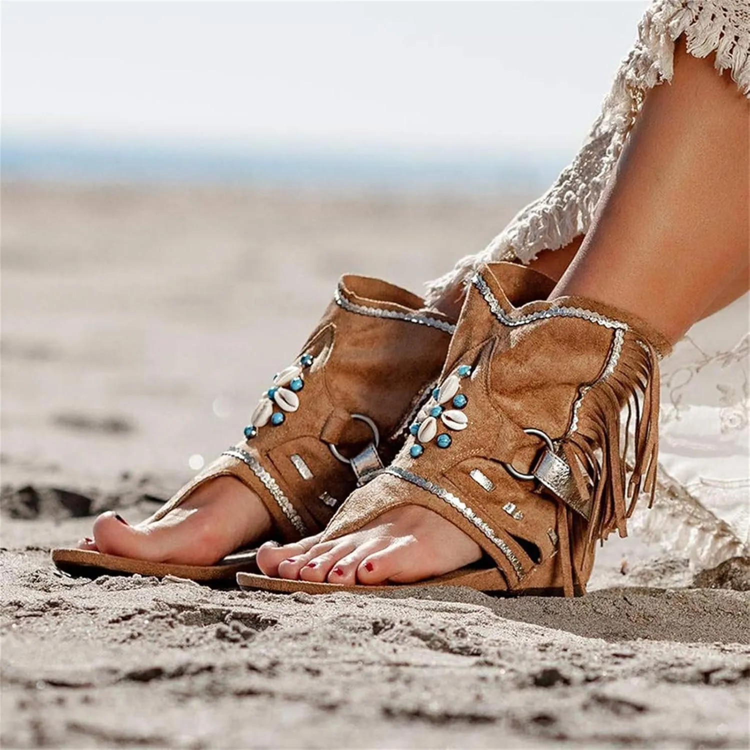 ZHOUYF Womens Summer Tassel Sandals Clip Toe Flip Flops Flat Boho Sandals Casual Open Toe Bohemian Beach Gladiator Sandals