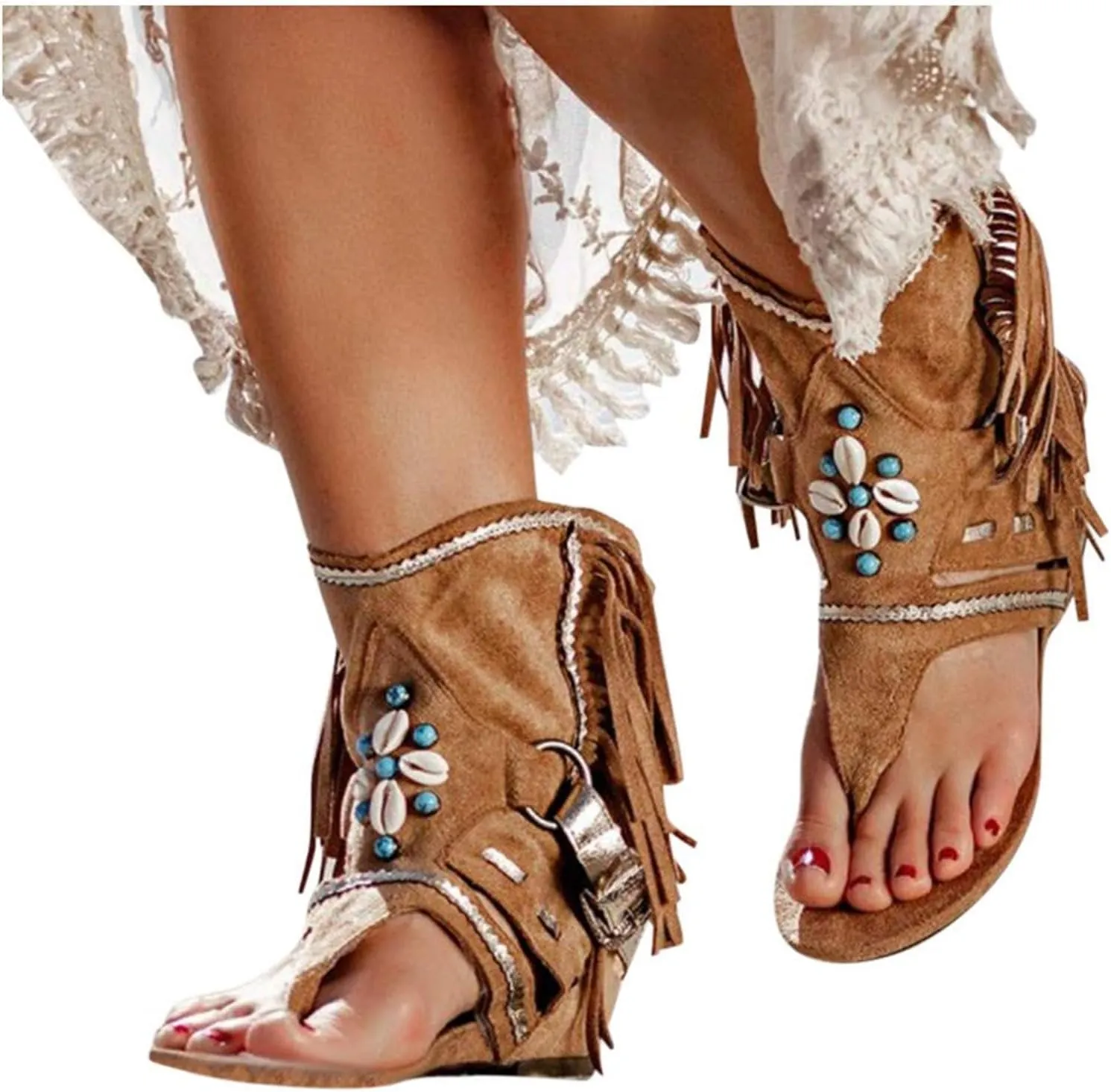ZHOUYF Womens Summer Tassel Sandals Clip Toe Flip Flops Flat Boho Sandals Casual Open Toe Bohemian Beach Gladiator Sandals