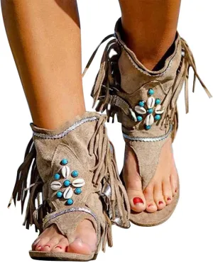 ZHOUYF Womens Summer Tassel Sandals Clip Toe Flip Flops Flat Boho Sandals Casual Open Toe Bohemian Beach Gladiator Sandals