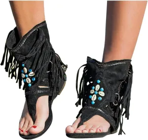 ZHOUYF Womens Summer Tassel Sandals Clip Toe Flip Flops Flat Boho Sandals Casual Open Toe Bohemian Beach Gladiator Sandals