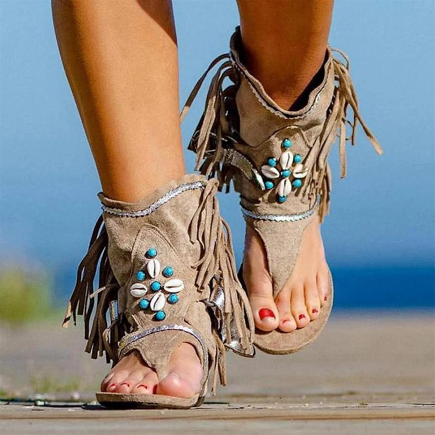 ZHOUYF Womens Summer Tassel Sandals Clip Toe Flip Flops Flat Boho Sandals Casual Open Toe Bohemian Beach Gladiator Sandals
