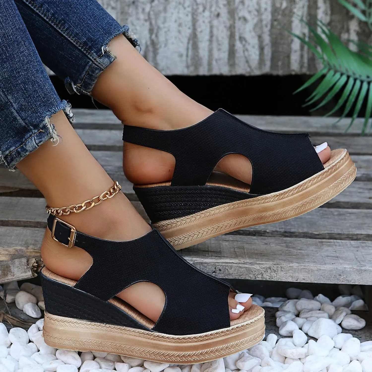 ZHOUYF Womens Summer Wedge Sandals Casual Open Toe Fish Mouth Dressy Sandals Ankle Strap Buckle Platform Sandals for Women