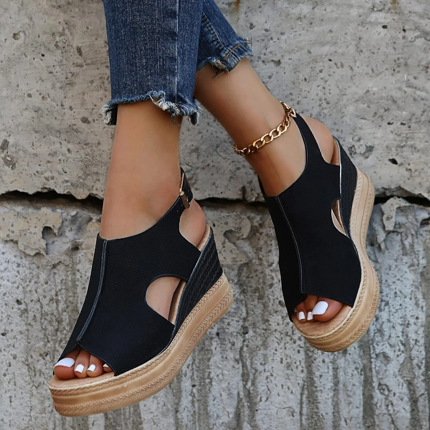 ZHOUYF Womens Summer Wedge Sandals Casual Open Toe Fish Mouth Dressy Sandals Ankle Strap Buckle Platform Sandals for Women