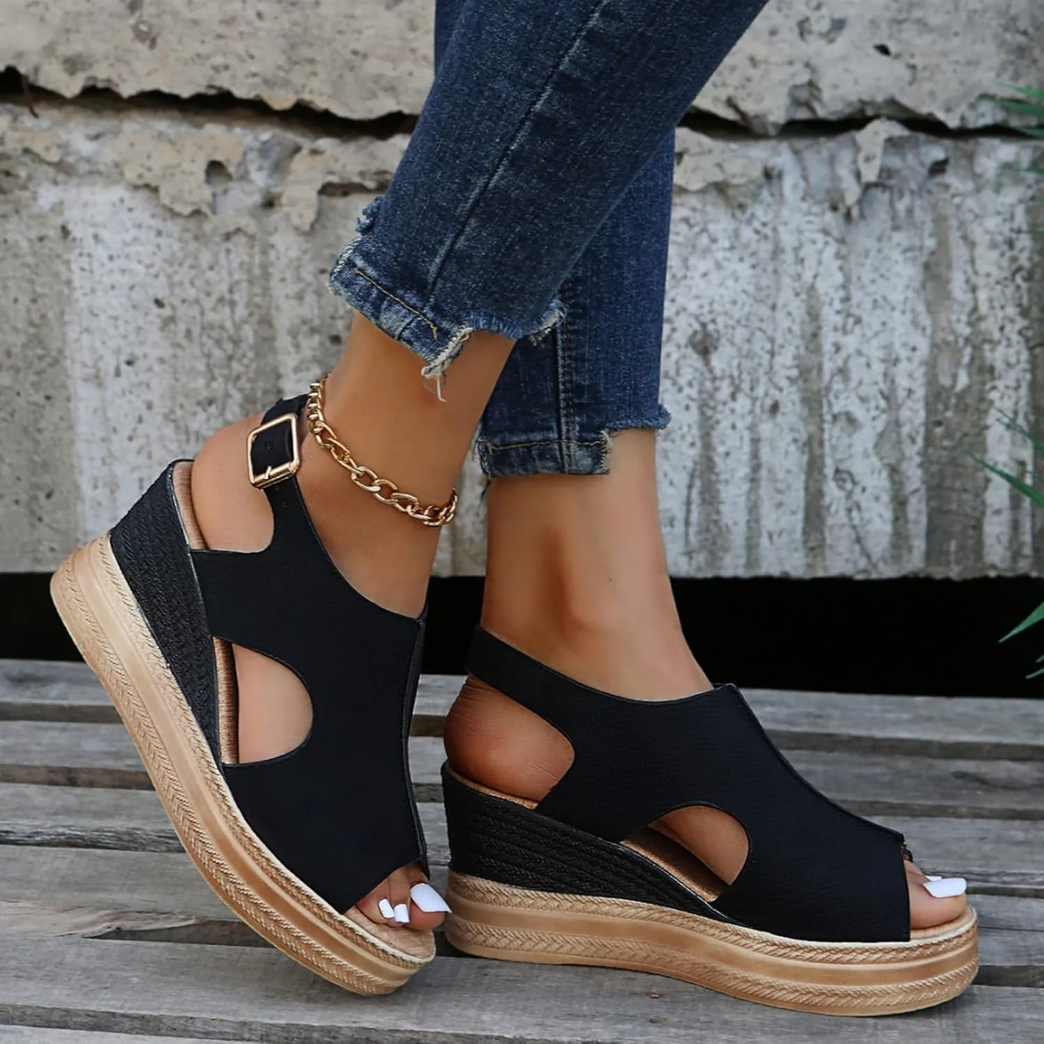 ZHOUYF Womens Summer Wedge Sandals Casual Open Toe Fish Mouth Dressy Sandals Ankle Strap Buckle Platform Sandals for Women