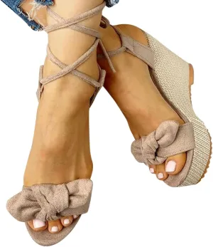 ZHOUYF Womens Summer Wedge Sandals Open Toe Bow-Knot Platform Sandals High Heel Dressy Sandals Ankle Strap Lace Up Shoes