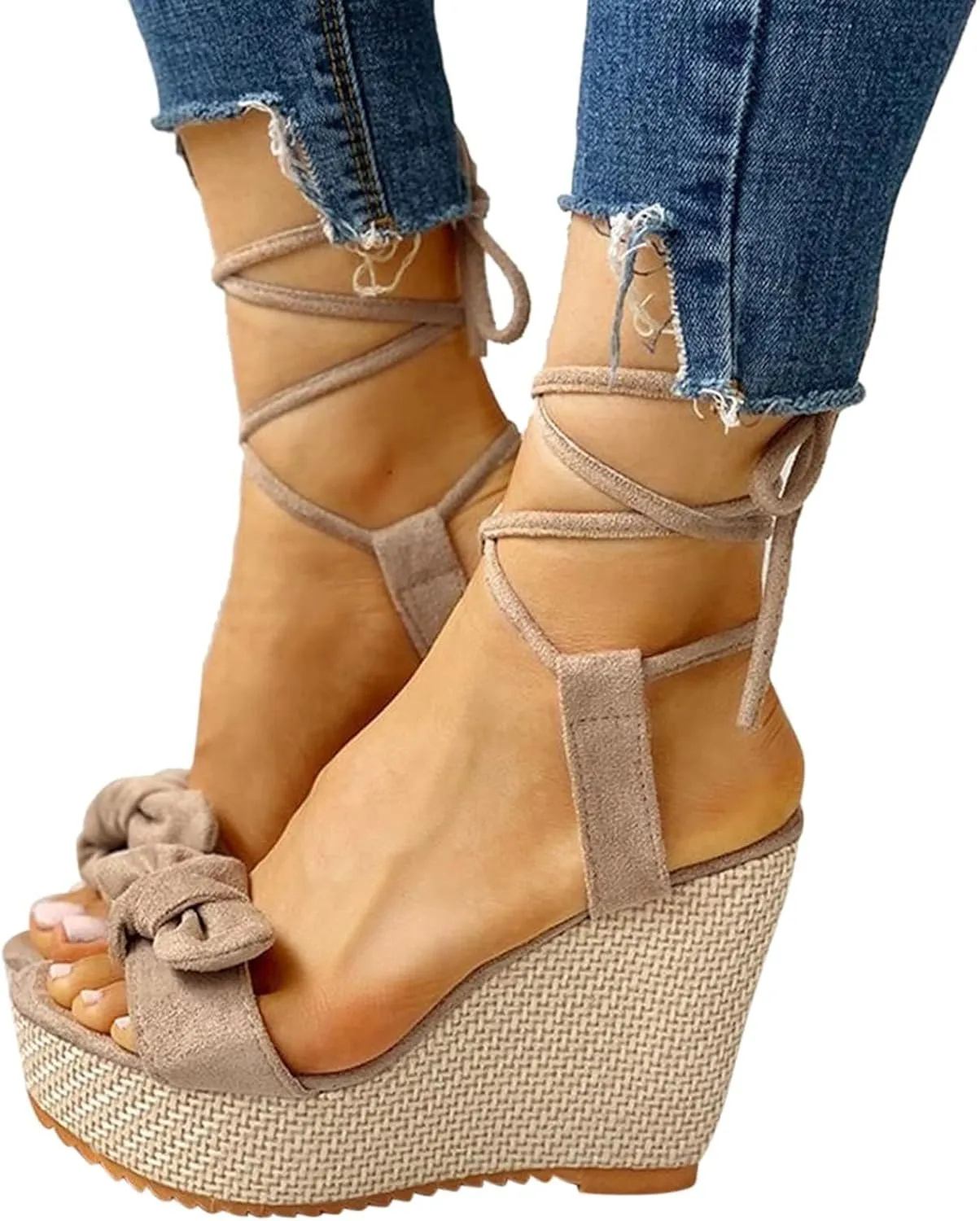 ZHOUYF Womens Summer Wedge Sandals Open Toe Bow-Knot Platform Sandals High Heel Dressy Sandals Ankle Strap Lace Up Shoes