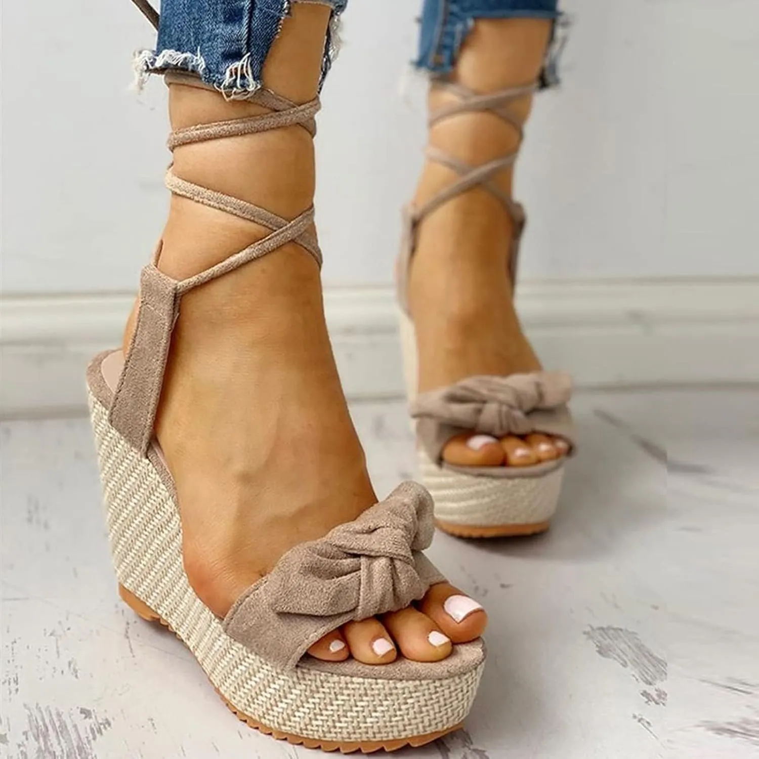 ZHOUYF Womens Summer Wedge Sandals Open Toe Bow-Knot Platform Sandals High Heel Dressy Sandals Ankle Strap Lace Up Shoes