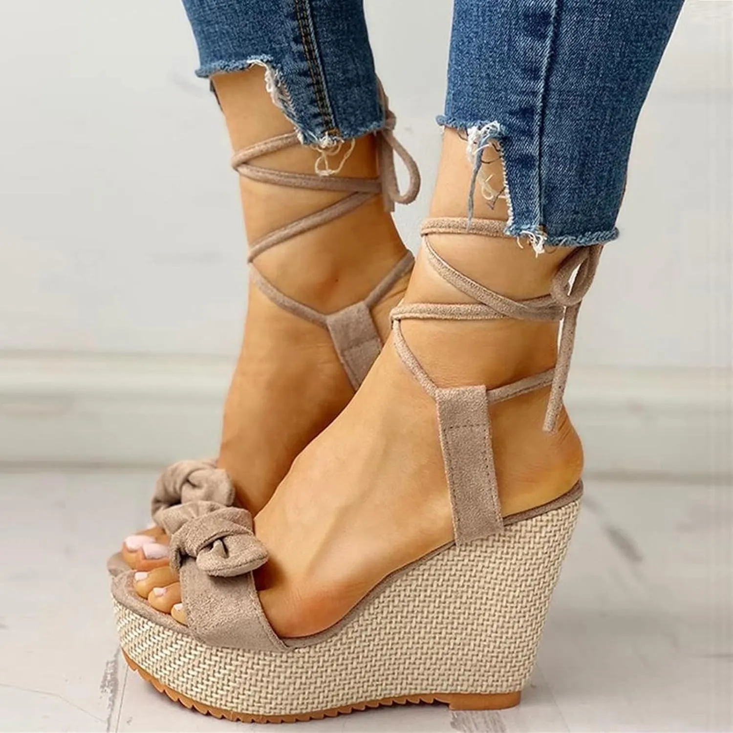 ZHOUYF Womens Summer Wedge Sandals Open Toe Bow-Knot Platform Sandals High Heel Dressy Sandals Ankle Strap Lace Up Shoes